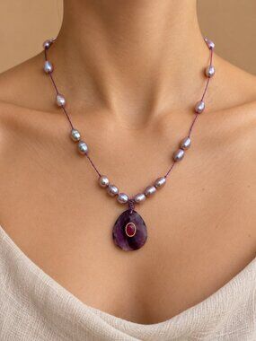 Handmade Purple Freshwater Pearl, Amethyst & Tourmaline Necklace